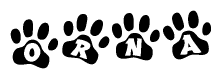 The image shows a series of animal paw prints arranged in a horizontal line. Each paw print contains a letter, and together they spell out the word Orna.