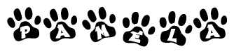 The image shows a row of animal paw prints, each containing a letter. The letters spell out the word Pamela within the paw prints.