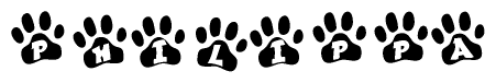 The image shows a series of animal paw prints arranged in a horizontal line. Each paw print contains a letter, and together they spell out the word Philippa.