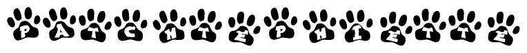 The image shows a series of animal paw prints arranged in a horizontal line. Each paw print contains a letter, and together they spell out the word Patchtephiette.