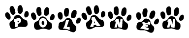 The image shows a series of animal paw prints arranged in a horizontal line. Each paw print contains a letter, and together they spell out the word Polanen.