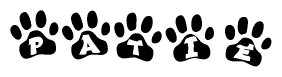 The image shows a series of animal paw prints arranged horizontally. Within each paw print, there's a letter; together they spell Patie