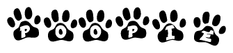 The image shows a series of animal paw prints arranged in a horizontal line. Each paw print contains a letter, and together they spell out the word Poopie.