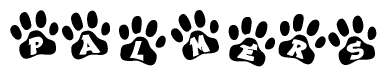 The image shows a series of animal paw prints arranged in a horizontal line. Each paw print contains a letter, and together they spell out the word Palmers.