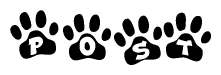 The image shows a row of animal paw prints, each containing a letter. The letters spell out the word Post within the paw prints.