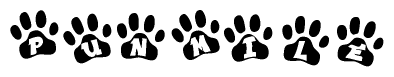 The image shows a series of animal paw prints arranged in a horizontal line. Each paw print contains a letter, and together they spell out the word Punmile.