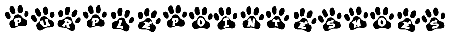 The image shows a series of animal paw prints arranged in a horizontal line. Each paw print contains a letter, and together they spell out the word Purplepointeshoes.