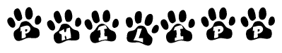 The image shows a series of animal paw prints arranged in a horizontal line. Each paw print contains a letter, and together they spell out the word Philipp.