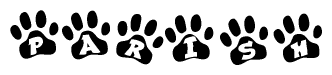 The image shows a series of animal paw prints arranged in a horizontal line. Each paw print contains a letter, and together they spell out the word Parish.