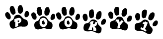 The image shows a series of animal paw prints arranged in a horizontal line. Each paw print contains a letter, and together they spell out the word Pooky1.