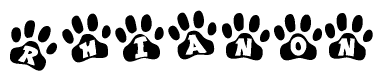 The image shows a row of animal paw prints, each containing a letter. The letters spell out the word Rhianon within the paw prints.