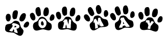 The image shows a series of animal paw prints arranged in a horizontal line. Each paw print contains a letter, and together they spell out the word Ronmay.