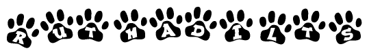 The image shows a row of animal paw prints, each containing a letter. The letters spell out the word Ruthadilts within the paw prints.