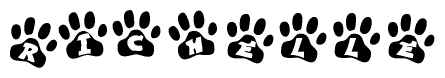The image shows a series of animal paw prints arranged in a horizontal line. Each paw print contains a letter, and together they spell out the word Richelle.