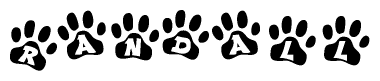 The image shows a row of animal paw prints, each containing a letter. The letters spell out the word Randall within the paw prints.