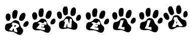 The image shows a series of animal paw prints arranged in a horizontal line. Each paw print contains a letter, and together they spell out the word Renella.