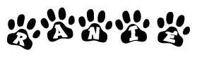 The image shows a row of animal paw prints, each containing a letter. The letters spell out the word Ranie within the paw prints.
