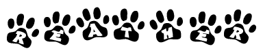 The image shows a series of animal paw prints arranged in a horizontal line. Each paw print contains a letter, and together they spell out the word Reather.