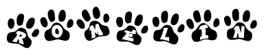 The image shows a series of animal paw prints arranged in a horizontal line. Each paw print contains a letter, and together they spell out the word Romelin.