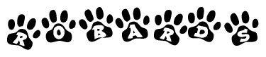 The image shows a series of animal paw prints arranged horizontally. Within each paw print, there's a letter; together they spell Robards