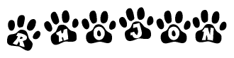 The image shows a row of animal paw prints, each containing a letter. The letters spell out the word Rhojon within the paw prints.