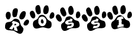 The image shows a series of animal paw prints arranged in a horizontal line. Each paw print contains a letter, and together they spell out the word Rossi.