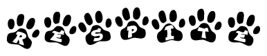 The image shows a row of animal paw prints, each containing a letter. The letters spell out the word Respite within the paw prints.
