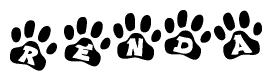 The image shows a row of animal paw prints, each containing a letter. The letters spell out the word Renda within the paw prints.