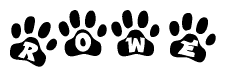 The image shows a row of animal paw prints, each containing a letter. The letters spell out the word Rowe within the paw prints.