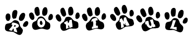 The image shows a series of animal paw prints arranged in a horizontal line. Each paw print contains a letter, and together they spell out the word Rohimul.