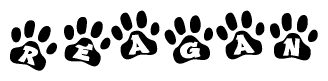 The image shows a series of animal paw prints arranged horizontally. Within each paw print, there's a letter; together they spell Reagan