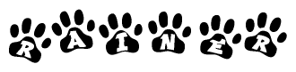 The image shows a row of animal paw prints, each containing a letter. The letters spell out the word Rainer within the paw prints.