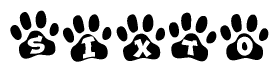 The image shows a row of animal paw prints, each containing a letter. The letters spell out the word Sixto within the paw prints.