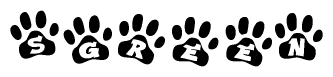 The image shows a series of animal paw prints arranged horizontally. Within each paw print, there's a letter; together they spell Sgreen