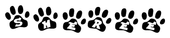 The image shows a series of animal paw prints arranged horizontally. Within each paw print, there's a letter; together they spell Sheree