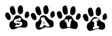 The image shows a series of animal paw prints arranged horizontally. Within each paw print, there's a letter; together they spell Savi