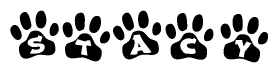 The image shows a row of animal paw prints, each containing a letter. The letters spell out the word Stacy within the paw prints.