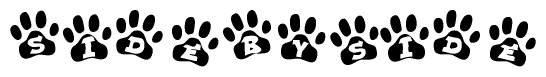 The image shows a series of animal paw prints arranged in a horizontal line. Each paw print contains a letter, and together they spell out the word Sidebyside.