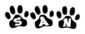 The image shows a series of animal paw prints arranged horizontally. Within each paw print, there's a letter; together they spell San
