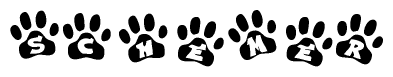 The image shows a series of animal paw prints arranged in a horizontal line. Each paw print contains a letter, and together they spell out the word Schemer.