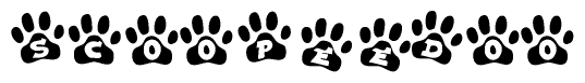 The image shows a series of animal paw prints arranged in a horizontal line. Each paw print contains a letter, and together they spell out the word Scoopeedoo.