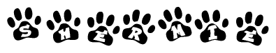 The image shows a series of animal paw prints arranged horizontally. Within each paw print, there's a letter; together they spell Shermie