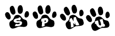The image shows a row of animal paw prints, each containing a letter. The letters spell out the word Spmu within the paw prints.
