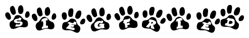 The image shows a row of animal paw prints, each containing a letter. The letters spell out the word Siegfried within the paw prints.