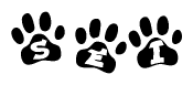 The image shows a row of animal paw prints, each containing a letter. The letters spell out the word Sei within the paw prints.