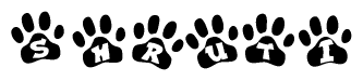 The image shows a row of animal paw prints, each containing a letter. The letters spell out the word Shruti within the paw prints.