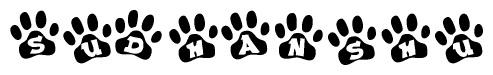 The image shows a series of animal paw prints arranged in a horizontal line. Each paw print contains a letter, and together they spell out the word Sudhanshu.