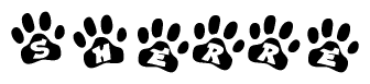 The image shows a row of animal paw prints, each containing a letter. The letters spell out the word Sherre within the paw prints.