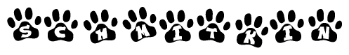 The image shows a row of animal paw prints, each containing a letter. The letters spell out the word Schmitkin within the paw prints.