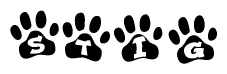 The image shows a series of animal paw prints arranged horizontally. Within each paw print, there's a letter; together they spell Stig